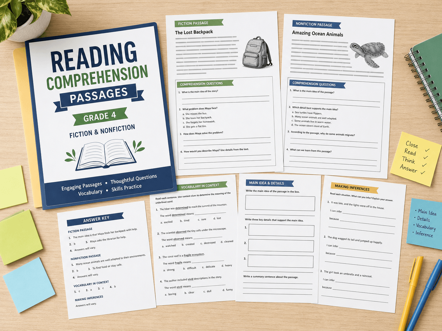 Grade 4 reading resource with fiction and nonfiction passages, questions, and answer pages